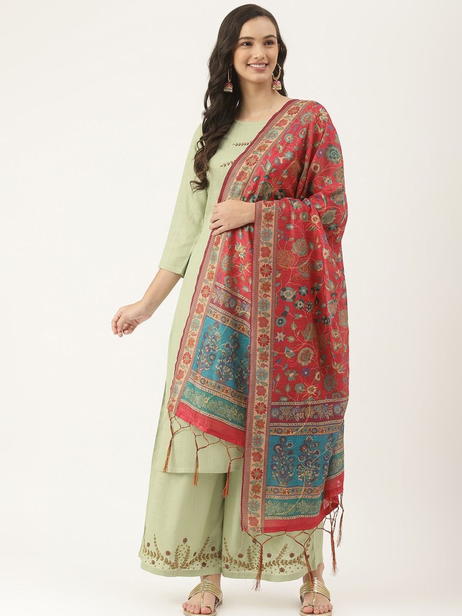 Women VAABA | Women'S Color Cotton Blend Printed Embroide Dupatta - Vaaba Red