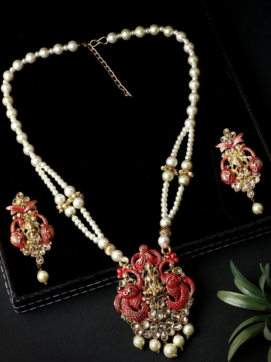 Jewellery Anikas Creation | Antique Matte Gold Finish Meenakari Pearl Temple Jewellery - Anikas Creation Multicolor