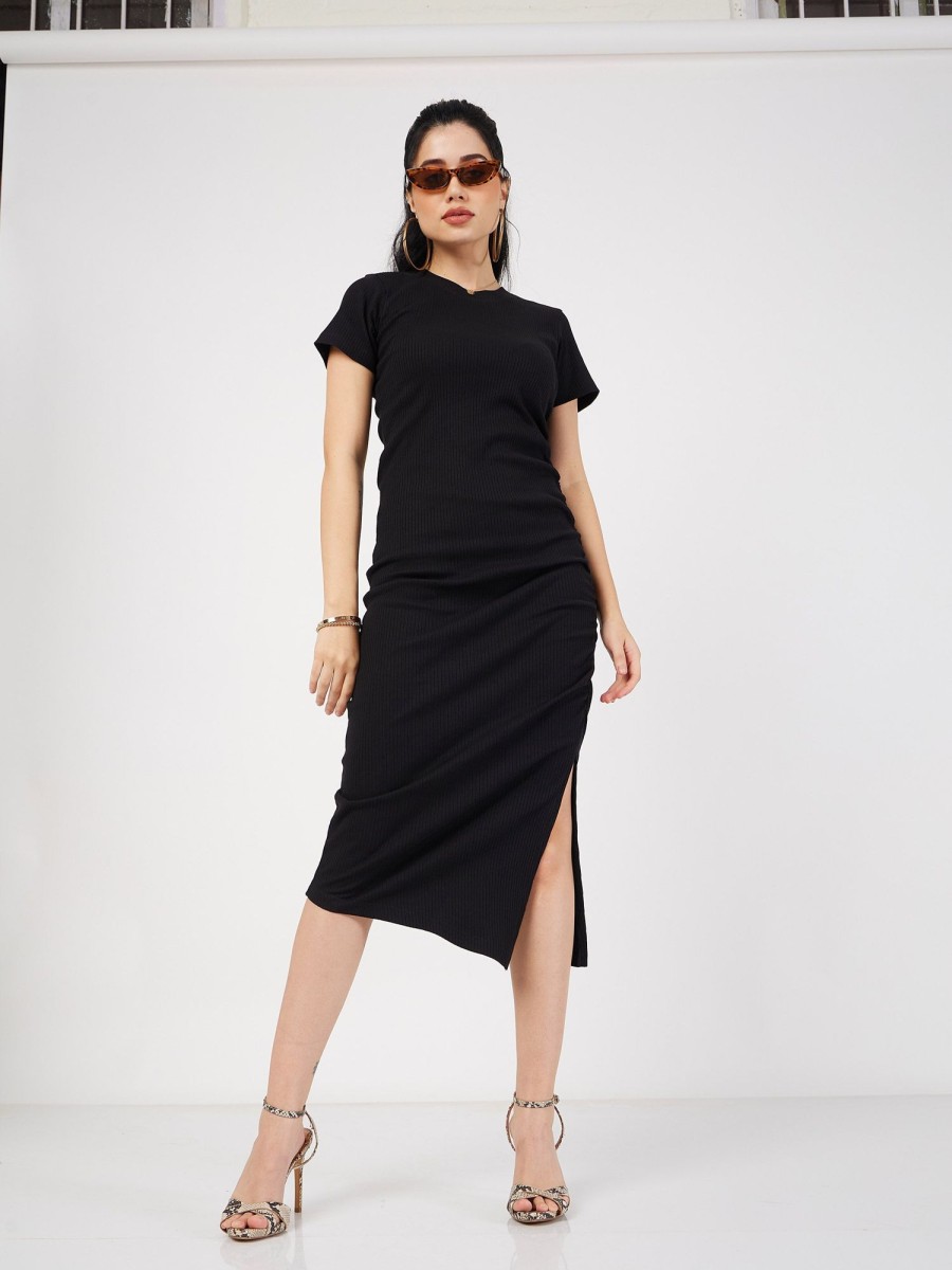 Women Lyush | Women'S Black Rib Side Ruched Bodycon Maxi Dress - Lyush