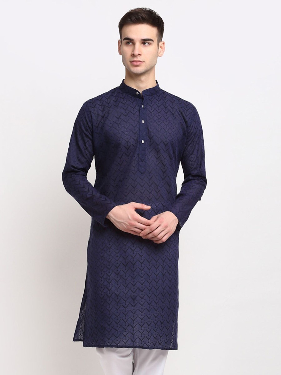 Men Virat Fashions | Men'S Navy Blue Chikan Kurta Only ( Ko 561 Navy ) - Virat Fashions