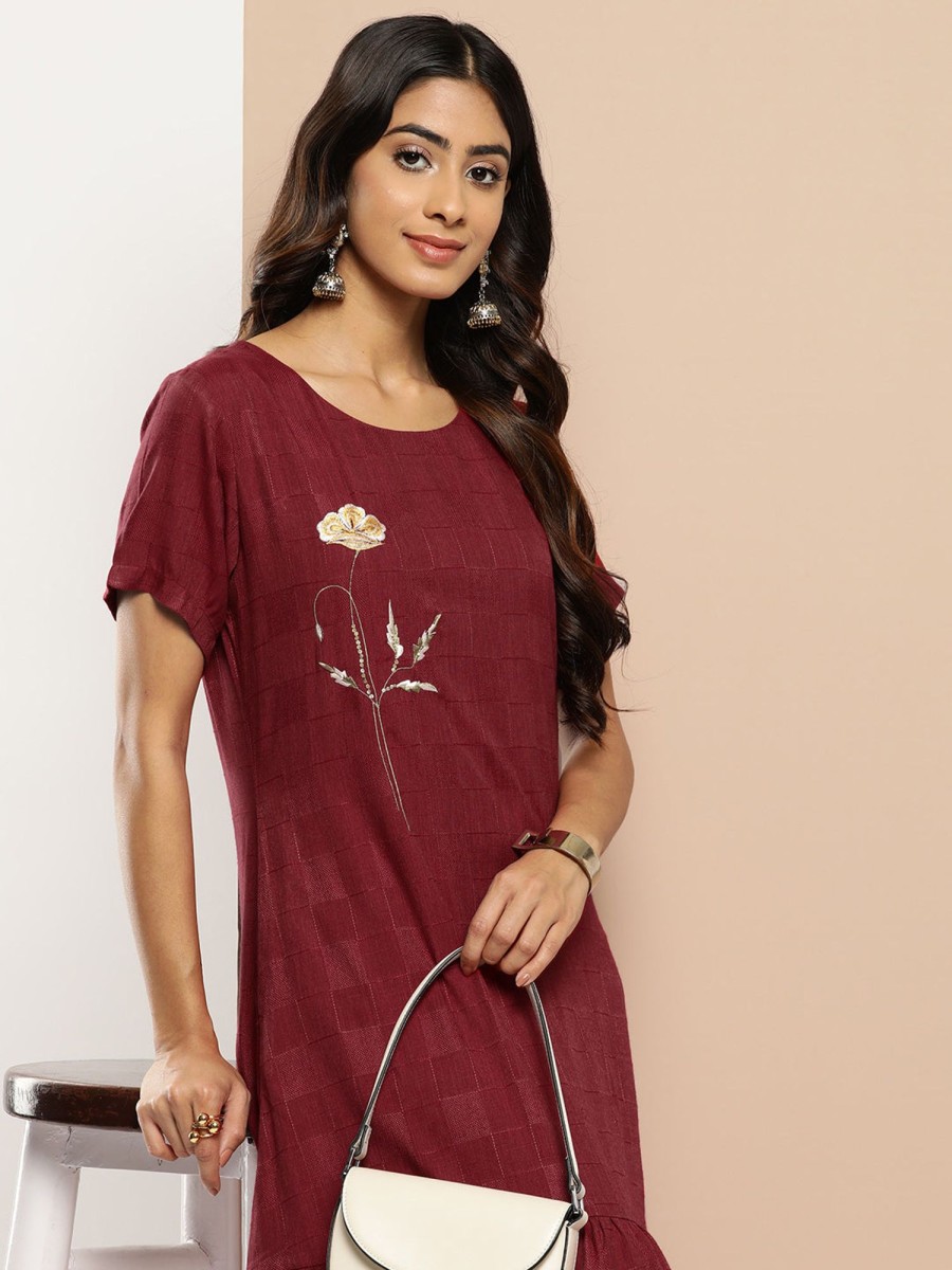 Women Yufta | Women'S Embroidered Dress - Yufta Maroon