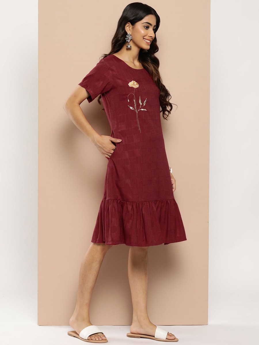 Women Yufta | Women'S Embroidered Dress - Yufta Maroon