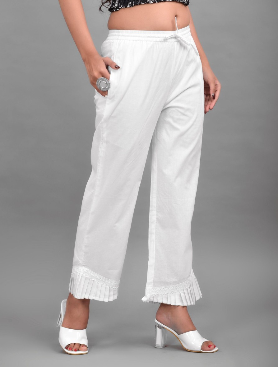 Women Hatheli | Women'S White Cotton Pleated Palazzo - Hatheli