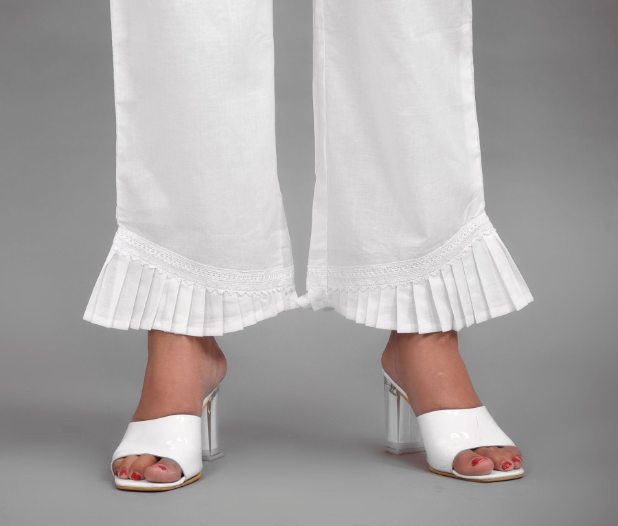 Women Hatheli | Women'S White Cotton Pleated Palazzo - Hatheli