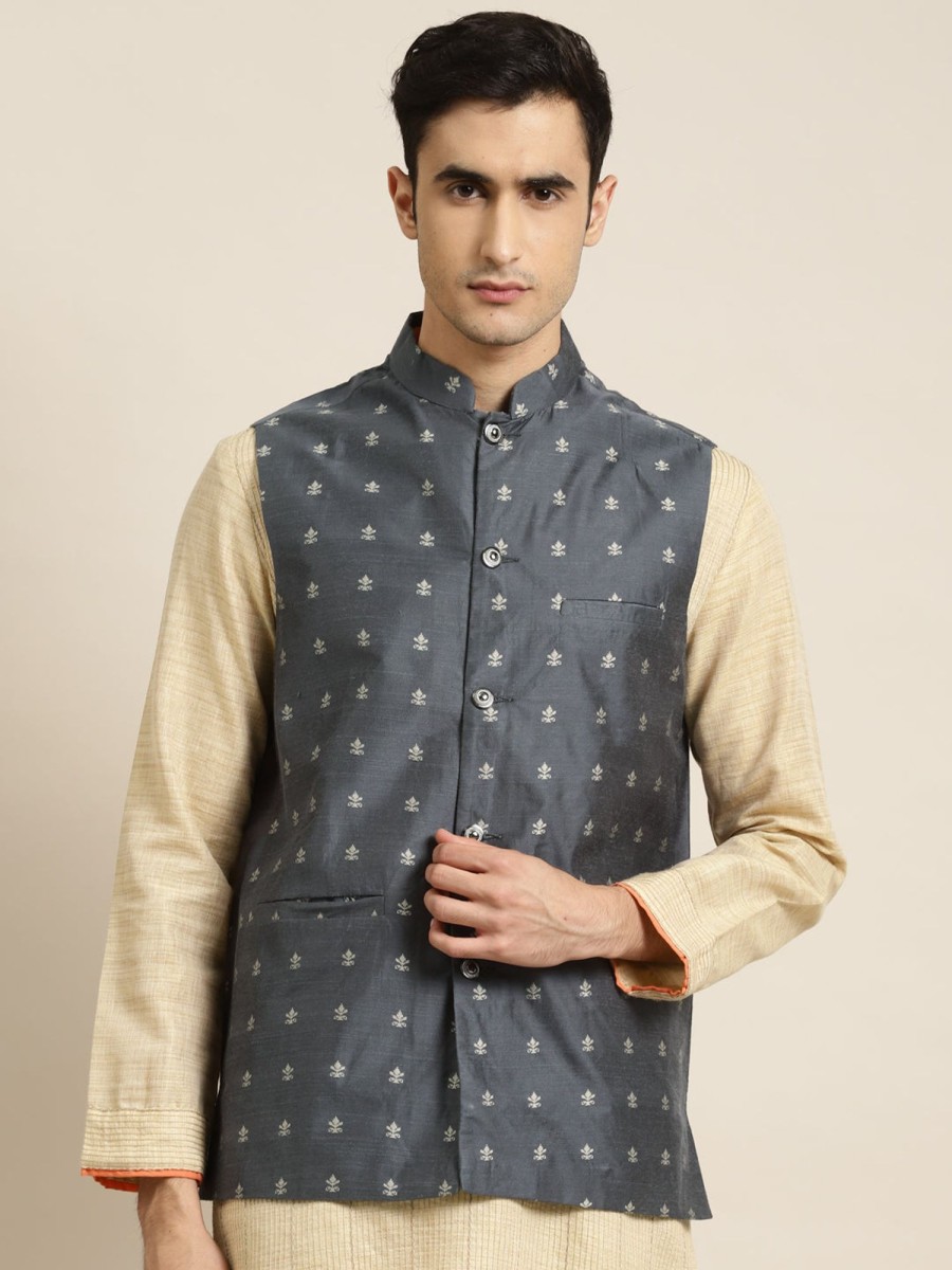 Men Sojanya | Men'S Cotton Self Design Only Nehru Jacket - Sojanya Grey