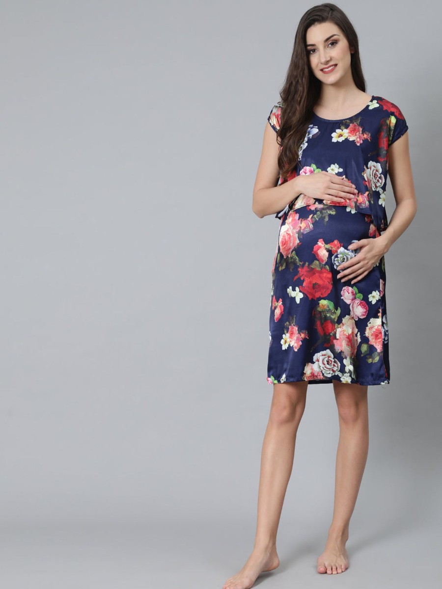 Women AKS | Women'S Floral Print Maternity Shift Dress - Aks Blue