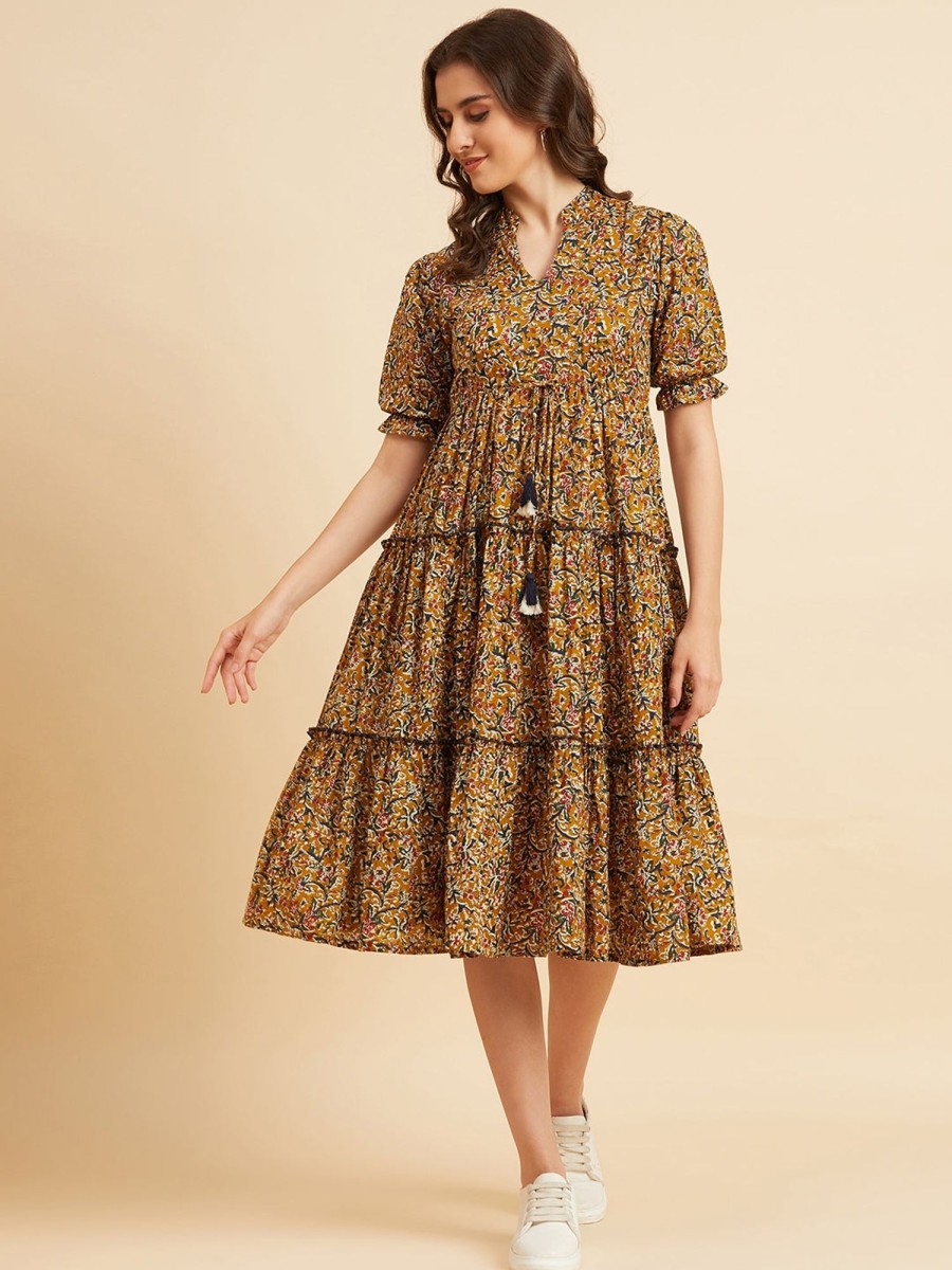 Women Azira | Women'S Floral Printed Cotton Three Tiered Dress - Azira Mustard