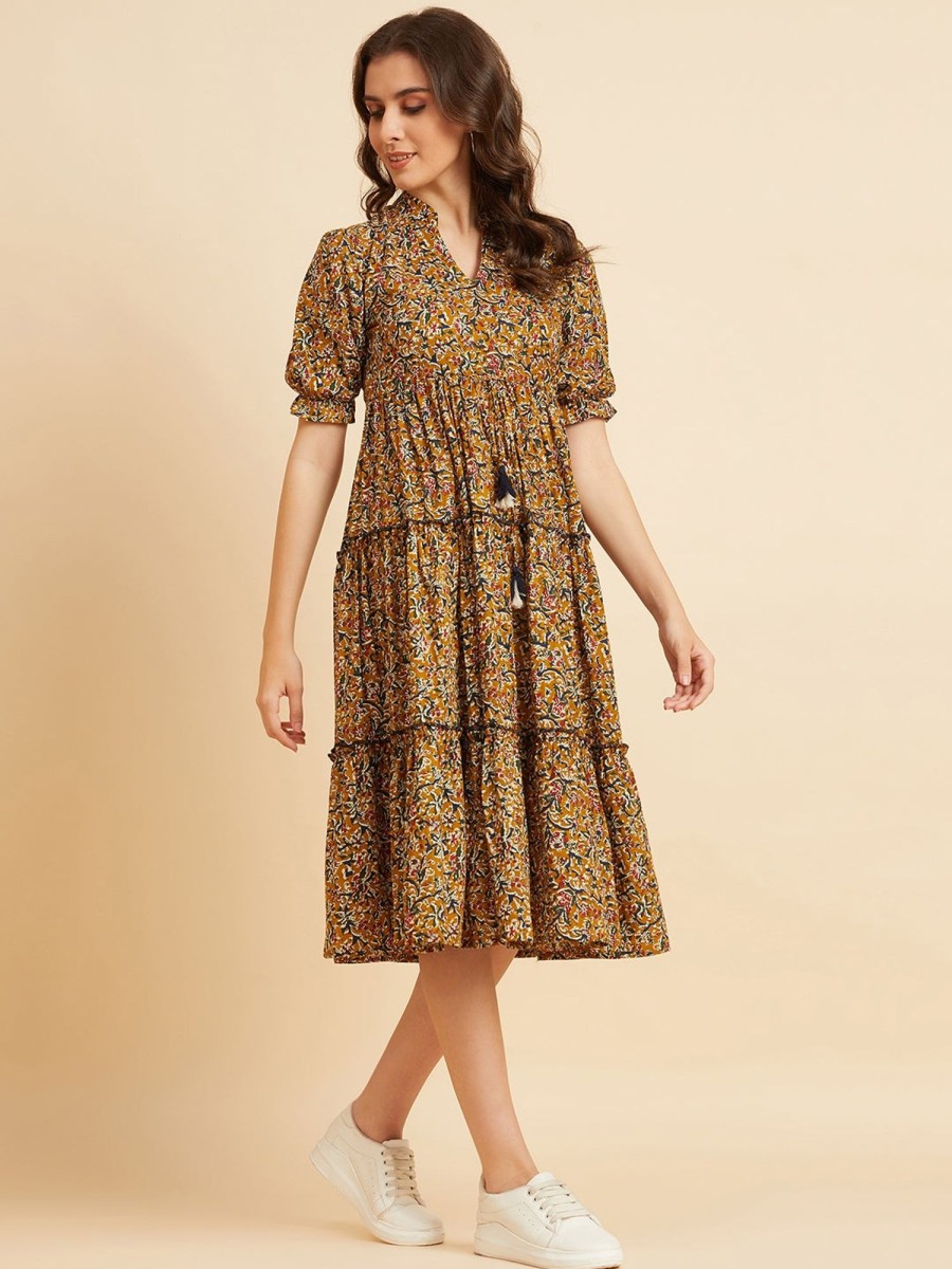 Women Azira | Women'S Floral Printed Cotton Three Tiered Dress - Azira Mustard