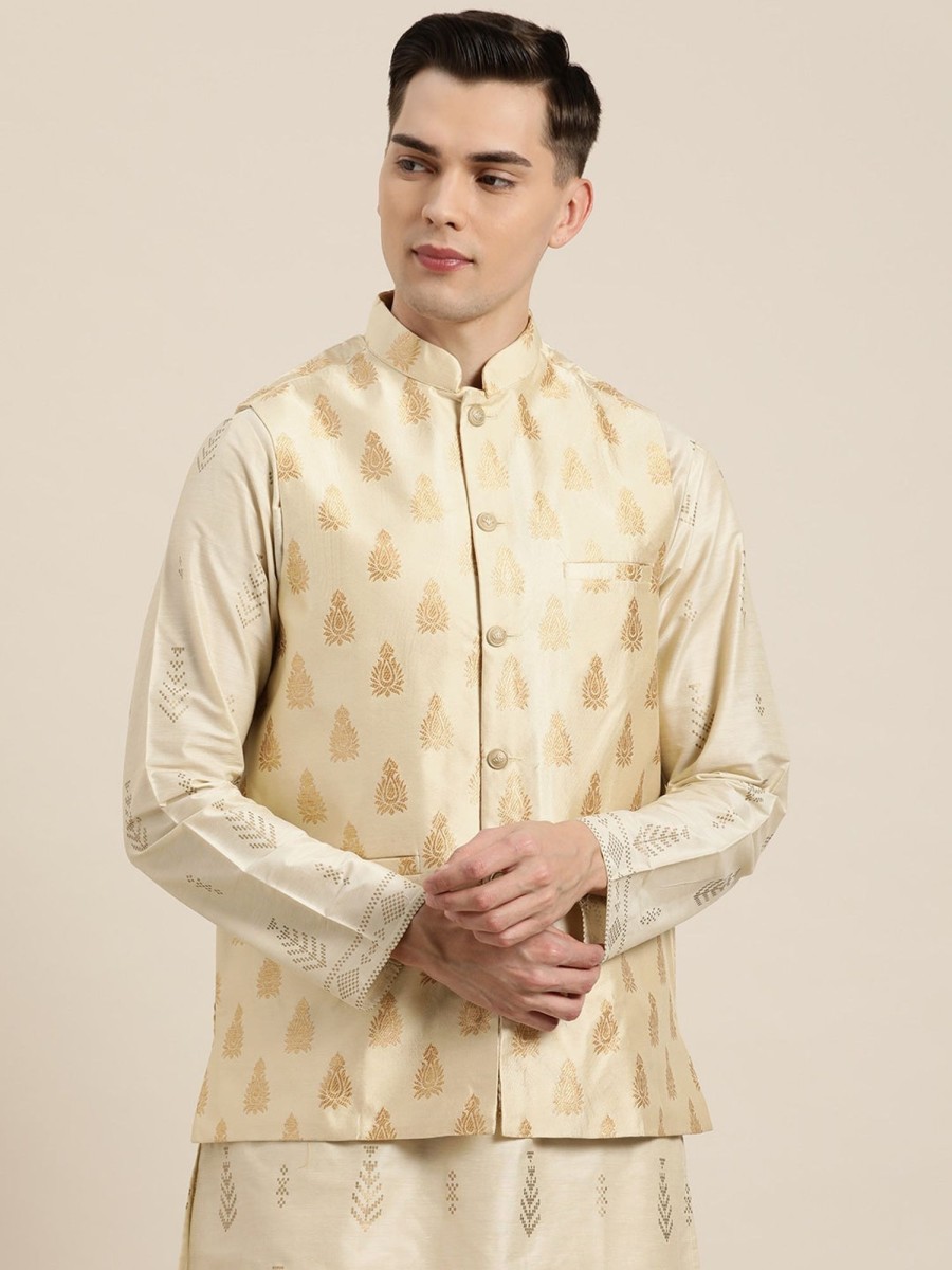 Men Sojanya | Men'S Silk Blend U0026 Gold Self Design Only Nehrujacket - Sojanya Beige