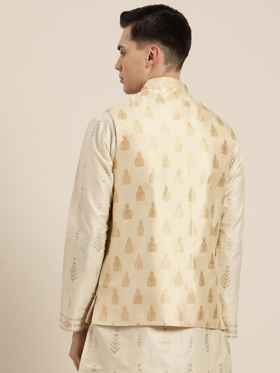 Men Sojanya | Men'S Silk Blend U0026 Gold Self Design Only Nehrujacket - Sojanya Beige