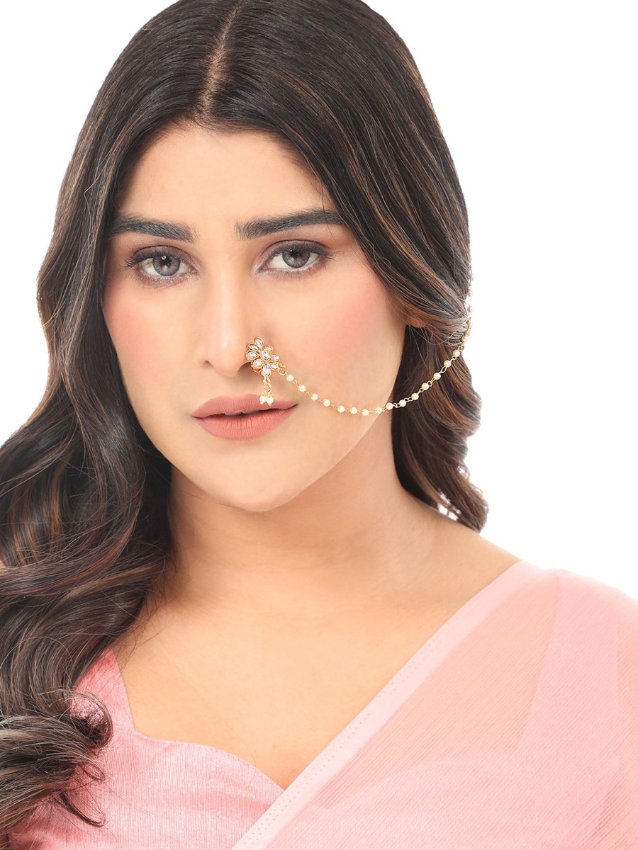 Jewellery Anikas Creation | Floral Plated Chained Nose Pin By Anikas Creation Gold