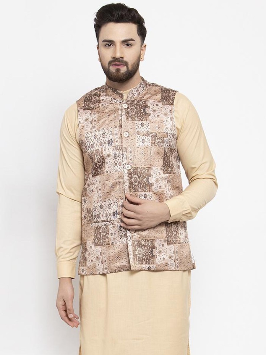 Men Virat Fashions | Men'S Beige Printed Satin Nehru Jacket ( Jowc 4007 Beige) - Virat Fashions