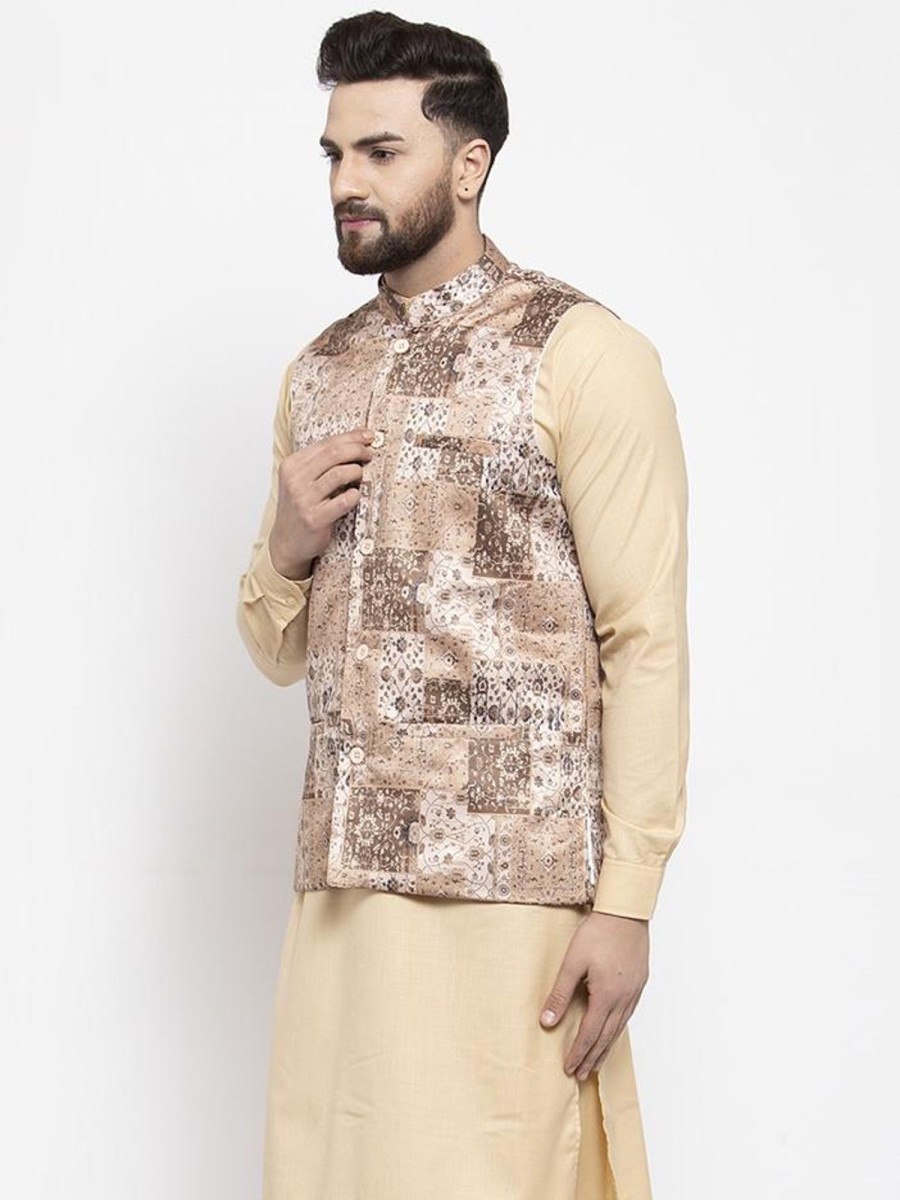 Men Virat Fashions | Men'S Beige Printed Satin Nehru Jacket ( Jowc 4007 Beige) - Virat Fashions