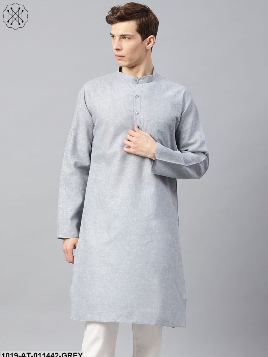 Men Sojanya | Men'S Cotton Linen Blend Grey Solid Only Long Kurta - Sojanya