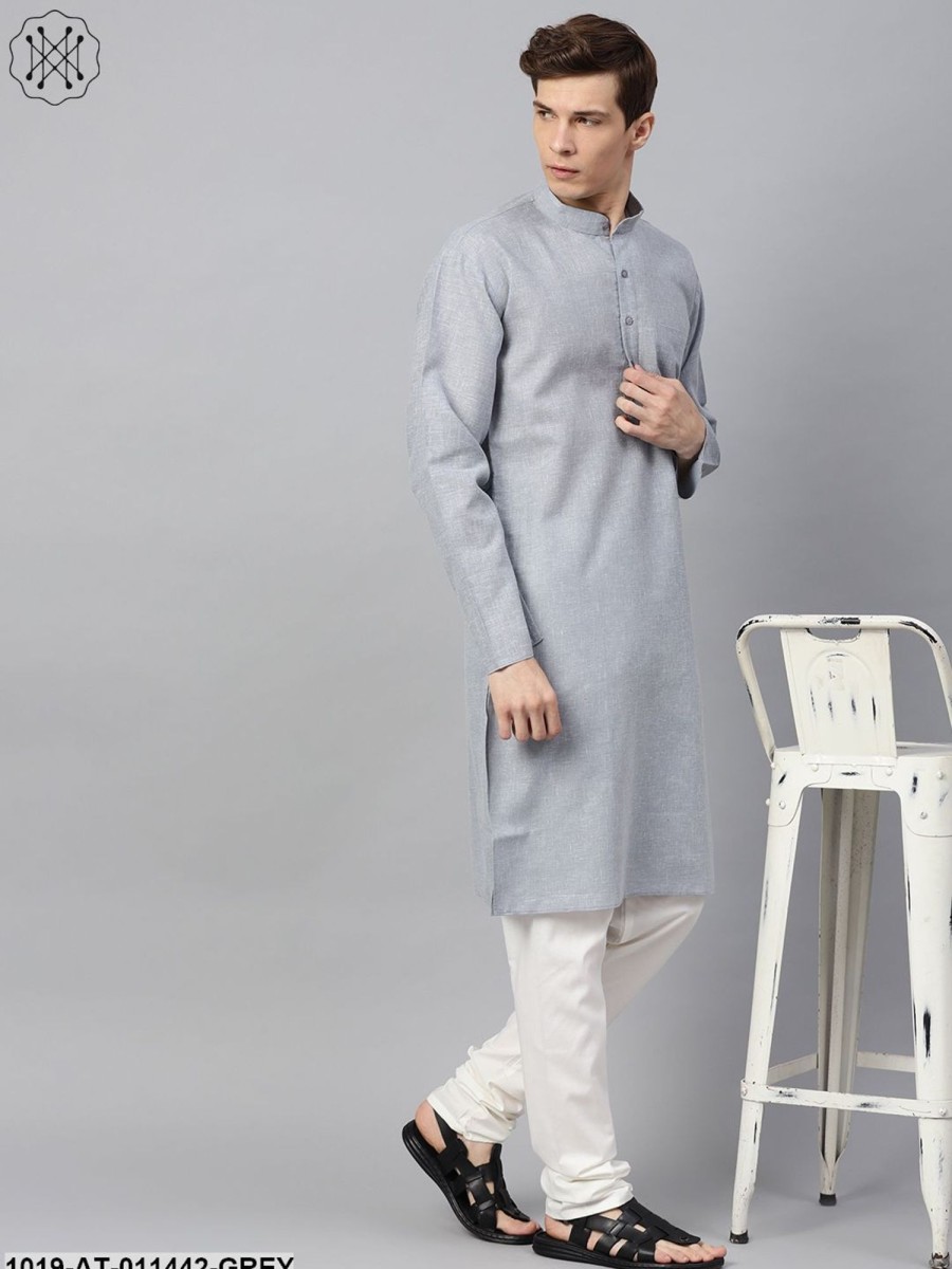 Men Sojanya | Men'S Cotton Linen Blend Grey Solid Only Long Kurta - Sojanya