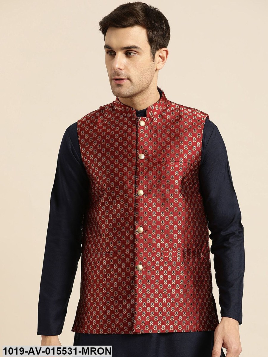 Men Sojanya | Men'S Silk Blend Maroon U0026 Multi Color Self Design Nehru Jacket - Sojanya