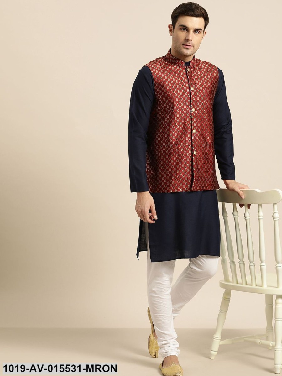 Men Sojanya | Men'S Silk Blend Maroon U0026 Multi Color Self Design Nehru Jacket - Sojanya