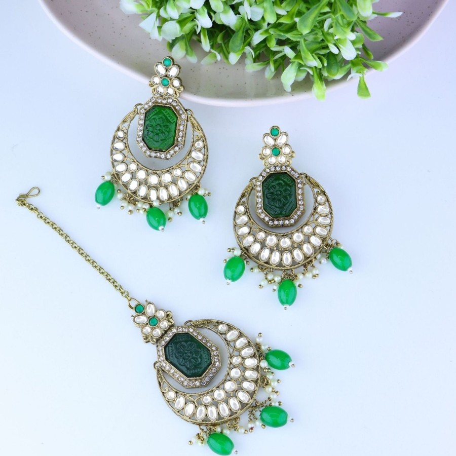 Jewellery I Jewels | Women'S Traditional Pearl Hanging Kundan Stone Studed Chandbali Earring With Maang Tikka - I Jewels Green