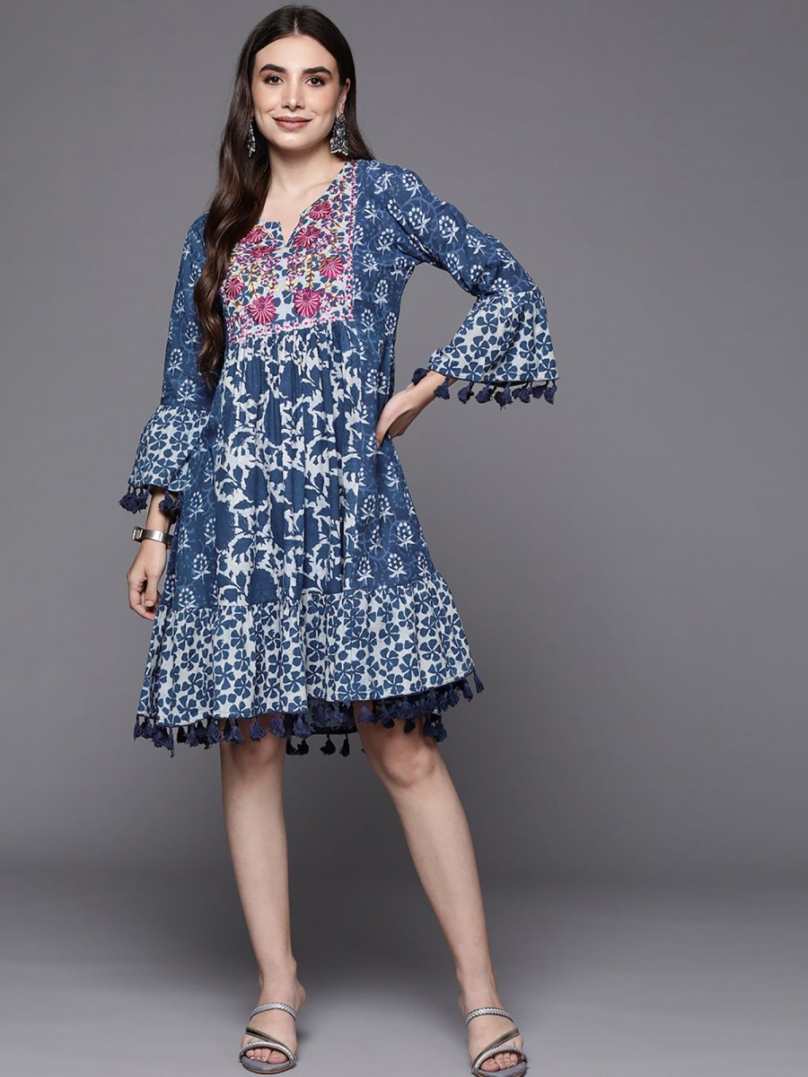 Women Indo Era | Women'S A-Line Midi Dress - Indo Era Blue