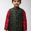 Men Sojanya KID | Kid'S Cotton Blend Dark Green Self Design Only Nehru Jacket - Sojanya Kid Dark Green & Silver