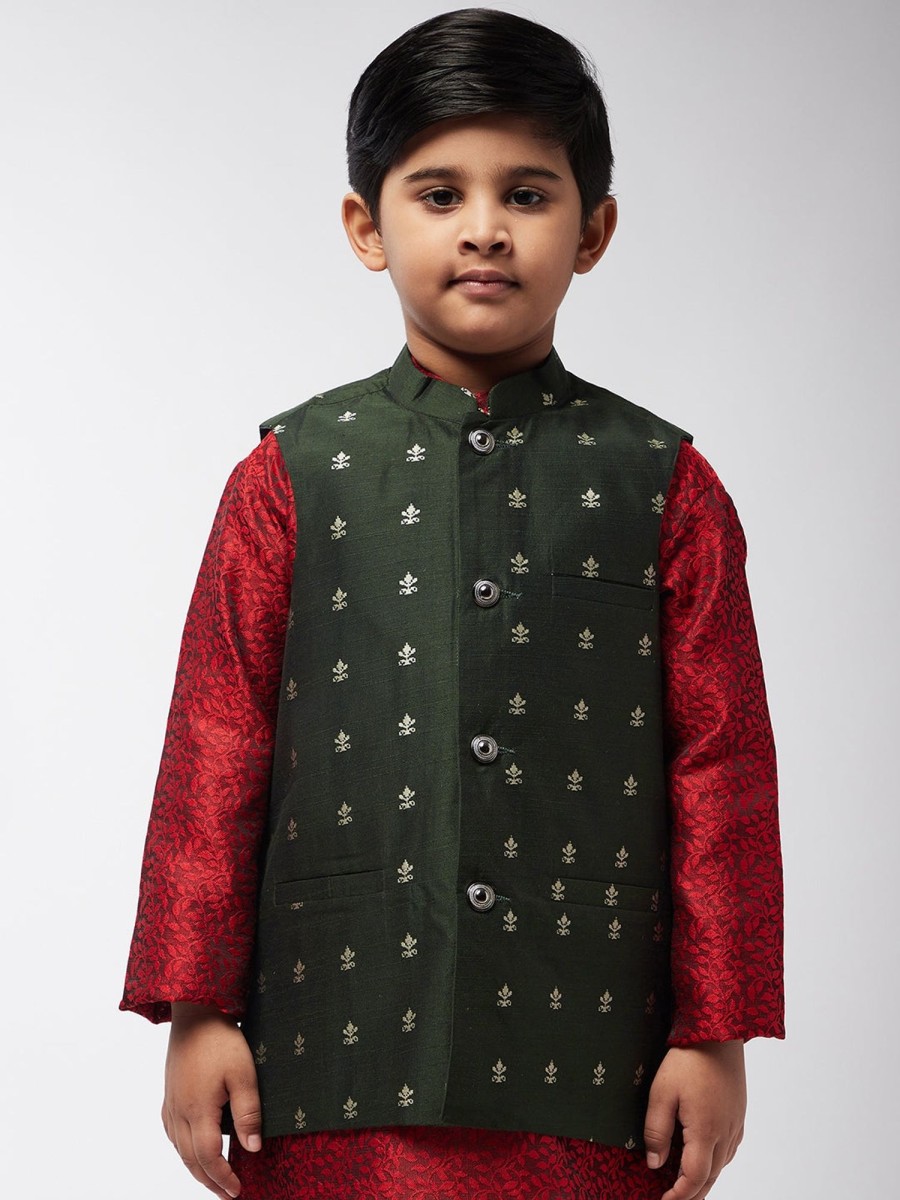 Men Sojanya KID | Kid'S Cotton Blend Dark Green Self Design Only Nehru Jacket - Sojanya Kid Dark Green & Silver