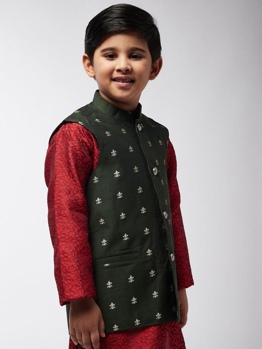 Men Sojanya KID | Kid'S Cotton Blend Dark Green Self Design Only Nehru Jacket - Sojanya Kid Dark Green & Silver