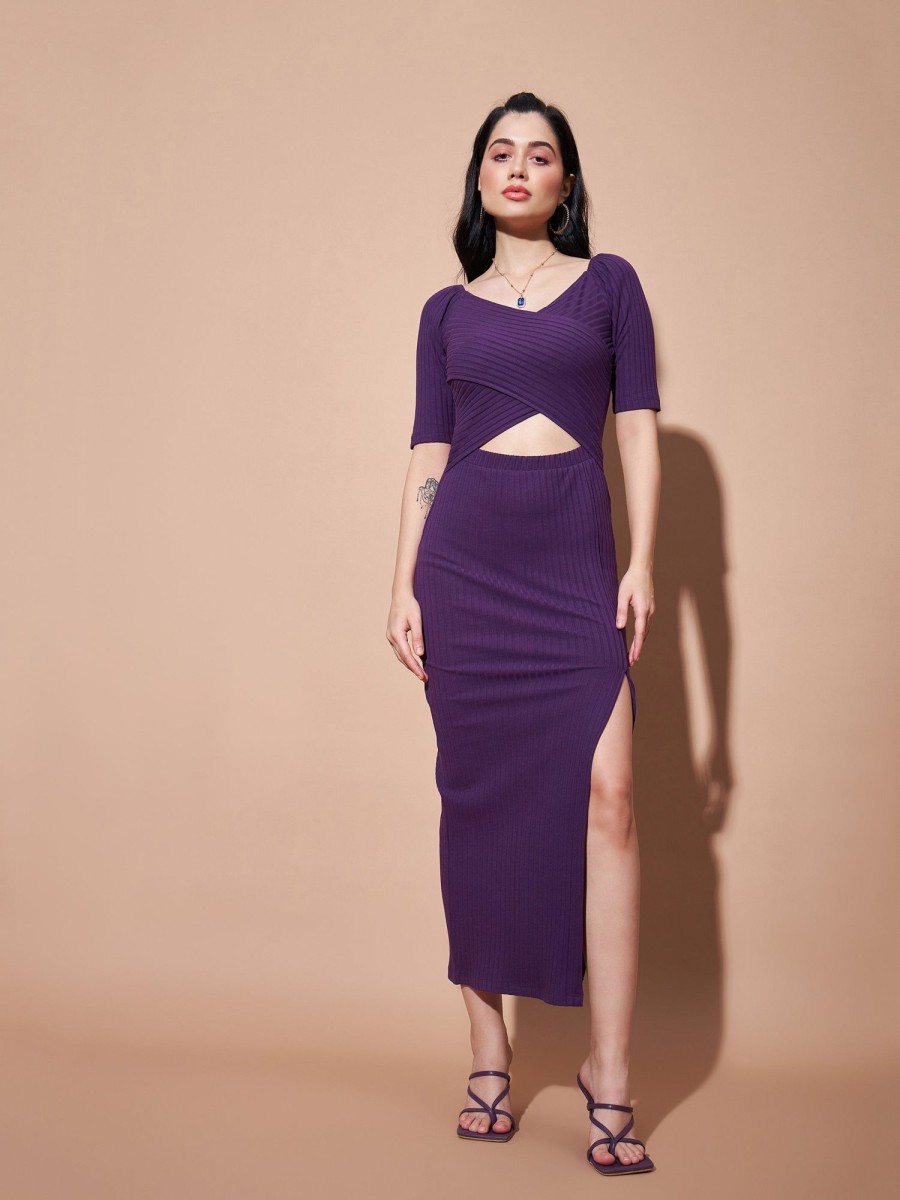 Women Lyush | Women'S Purple Side Slit V-Neck Rib Maxi Dress - Lyush