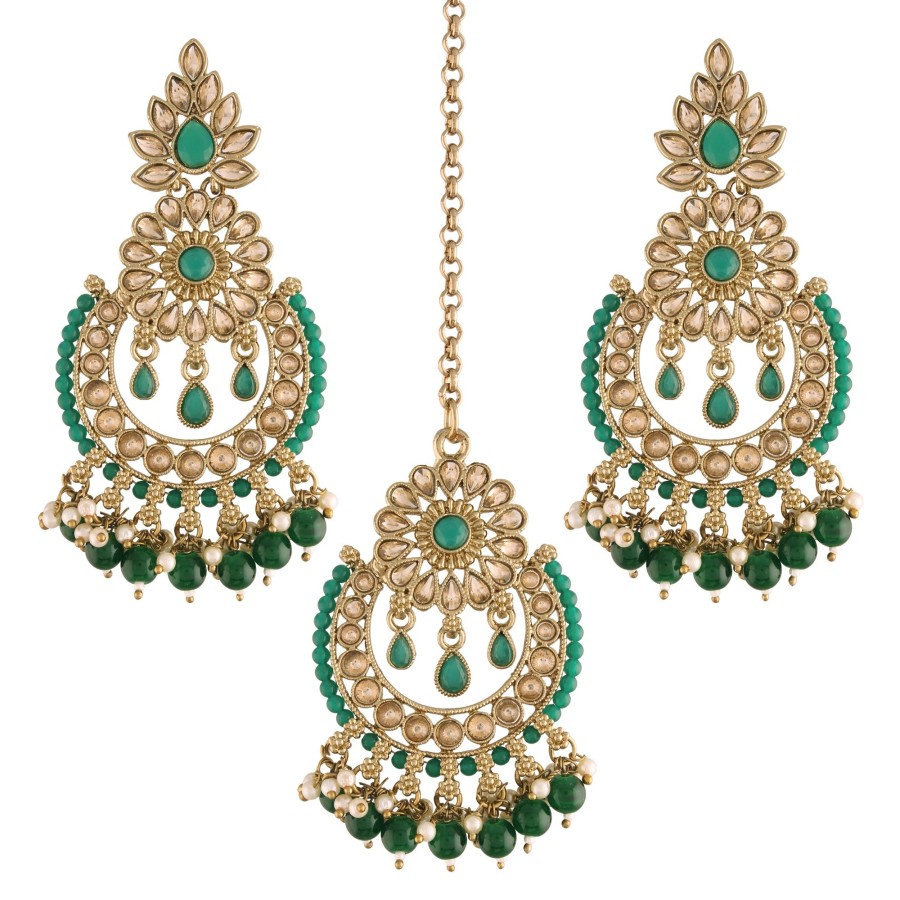 Jewellery I Jewels | Women'S 18K Gold Plated Handcrafted Earrings With Maang Tikka Encased With Faux Kundan U0026 Pearl - I Jewels