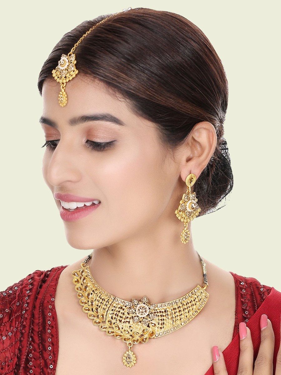 Jewellery Anikas Creation | Designer Gold Plated Traditional Matte Finish Necklace With Earring Maangtika - Anikas Creation Multicolor