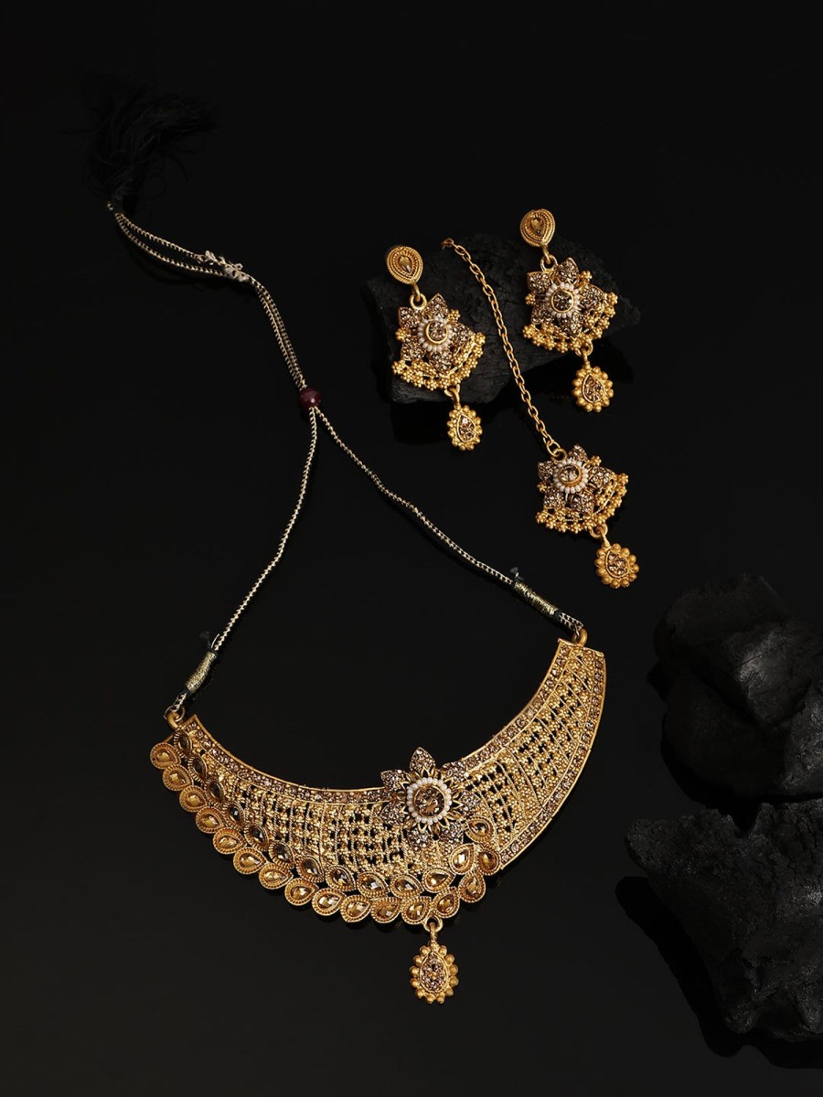 Jewellery Anikas Creation | Designer Gold Plated Traditional Matte Finish Necklace With Earring Maangtika - Anikas Creation Multicolor