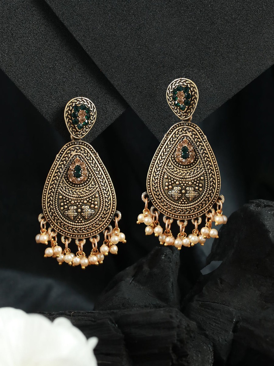 Jewellery Priyaasi | Women'S Green Leaf Gold Plated Pearl Drop Earrings - Priyaasi