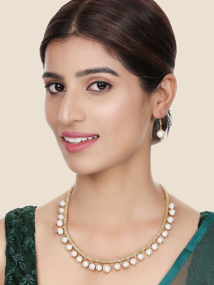 Jewellery Anikas Creation | Elegant Pearl And Ad Stone Sleek Off White Jewellery Set - Anikas Creation Multicolor