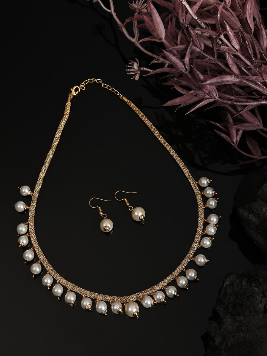 Jewellery Anikas Creation | Elegant Pearl And Ad Stone Sleek Off White Jewellery Set - Anikas Creation Multicolor