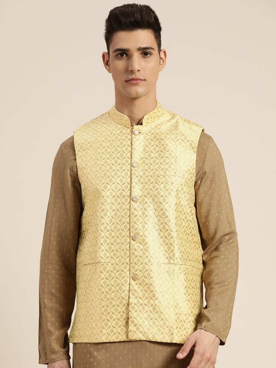 Men Sojanya | Men'S Silk Blend Lime U0026 Gold Self Design Only Nehrujacket - Sojanya Green