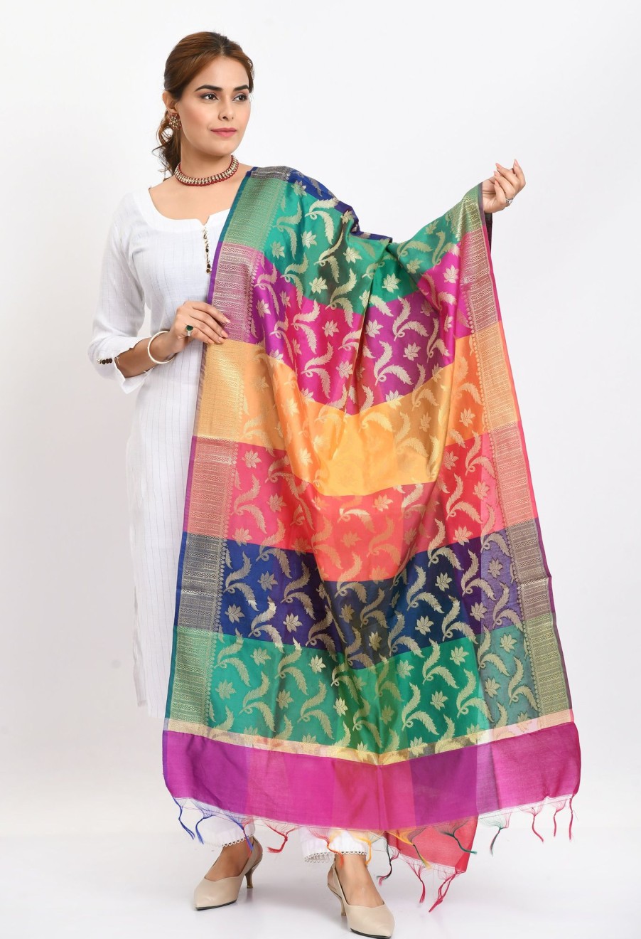 Women Moeza | Women'S Banarsi Silk Floral Woven Design Multi Dupatta - Moeza Multi Colour