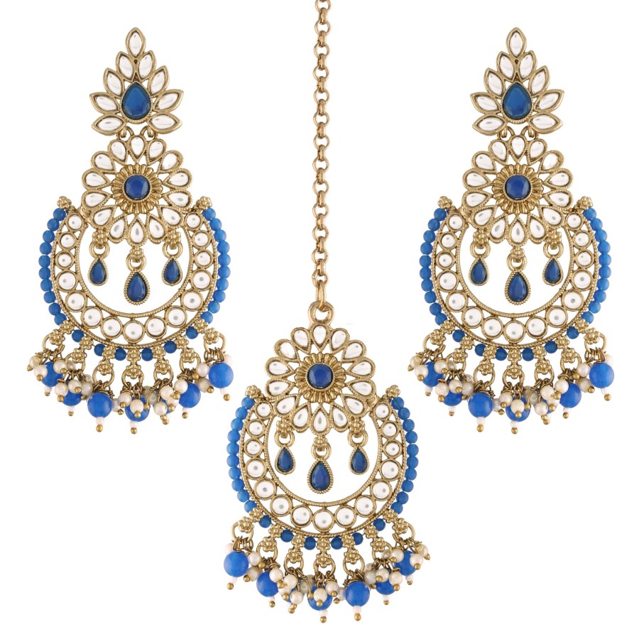 Jewellery I Jewels | Women'S 18K Gold Plated Handcrafted Earrings With Maang Tikka Encased With Faux Kundan U0026 Pearl - I Jewels