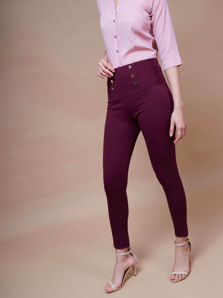 Women SASSAFRAS | Women'S Show Button Jeggings - Sassafras Burgundy