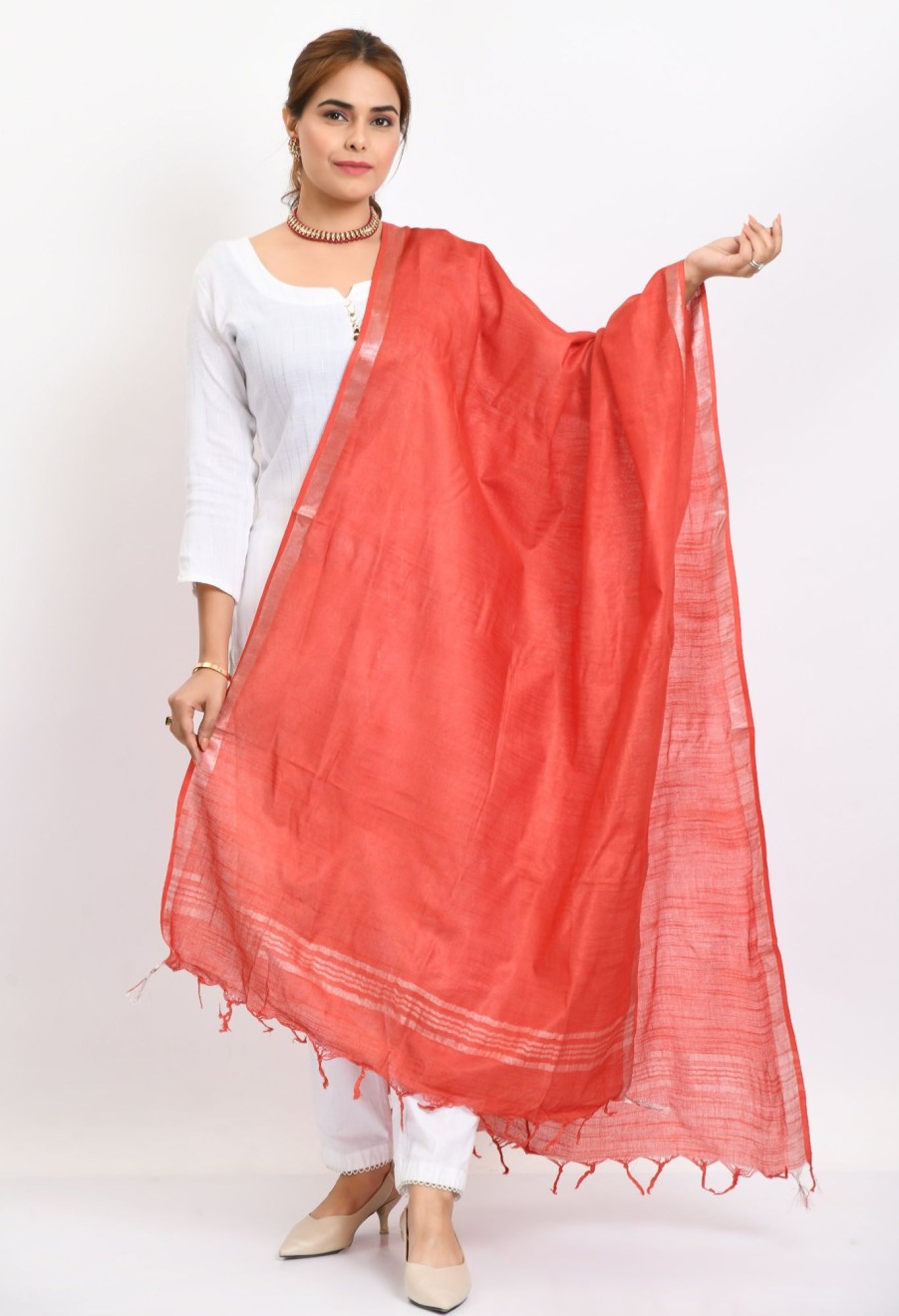 Women Moeza | Women'S Linen Cotton Silver Border Dupatta - Moeza Red