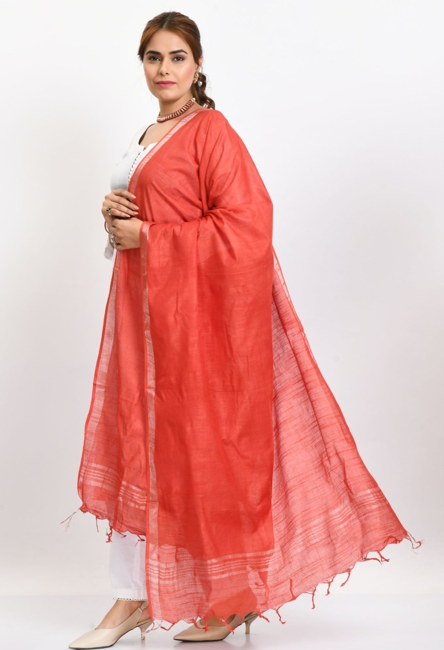 Women Moeza | Women'S Linen Cotton Silver Border Dupatta - Moeza Red