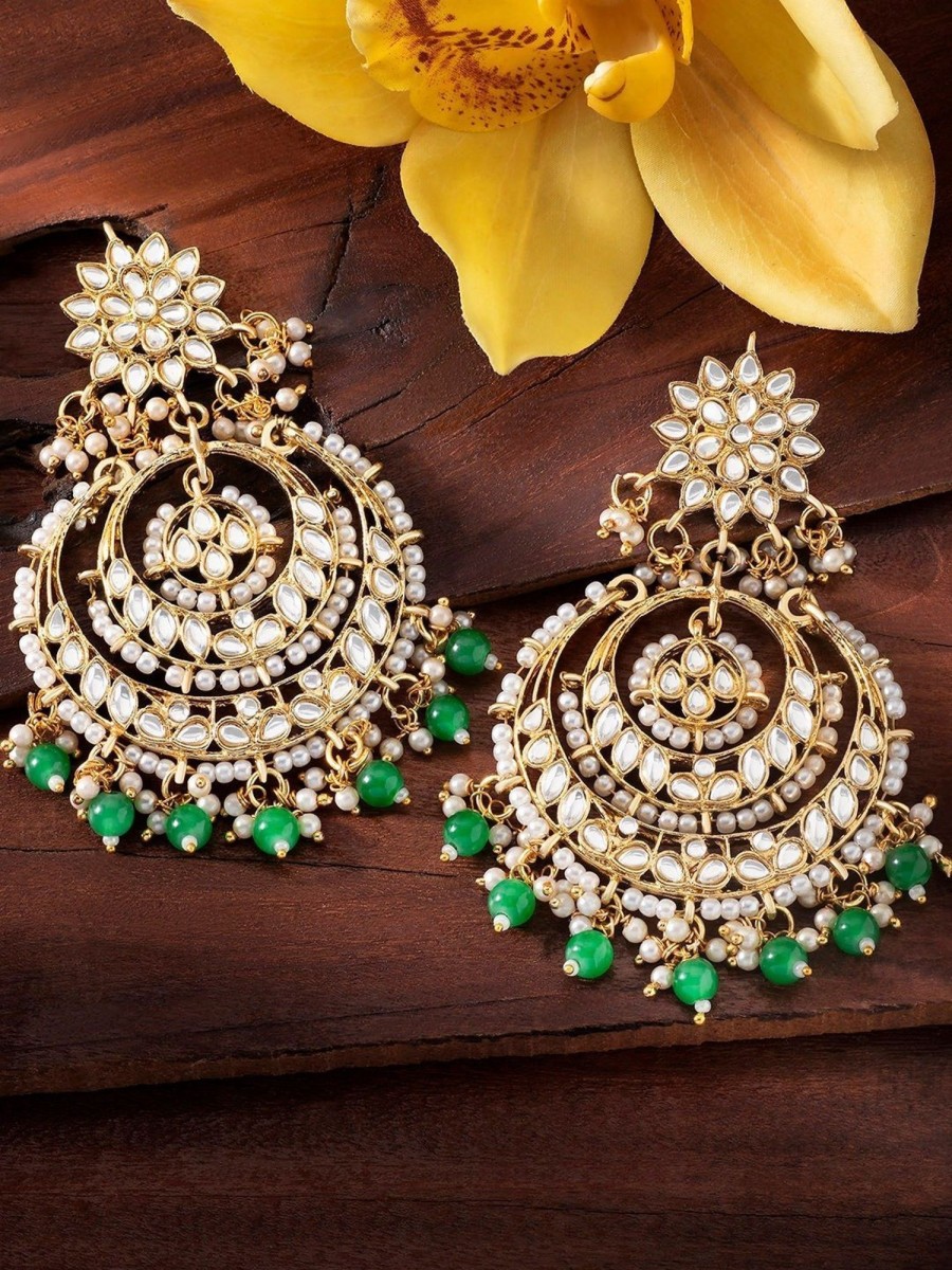 Jewellery I Jewels | Women'S Gold Plated Alloy Traditional Handcrafted Beaded Big Chandbali Earrings - I Jewels Green