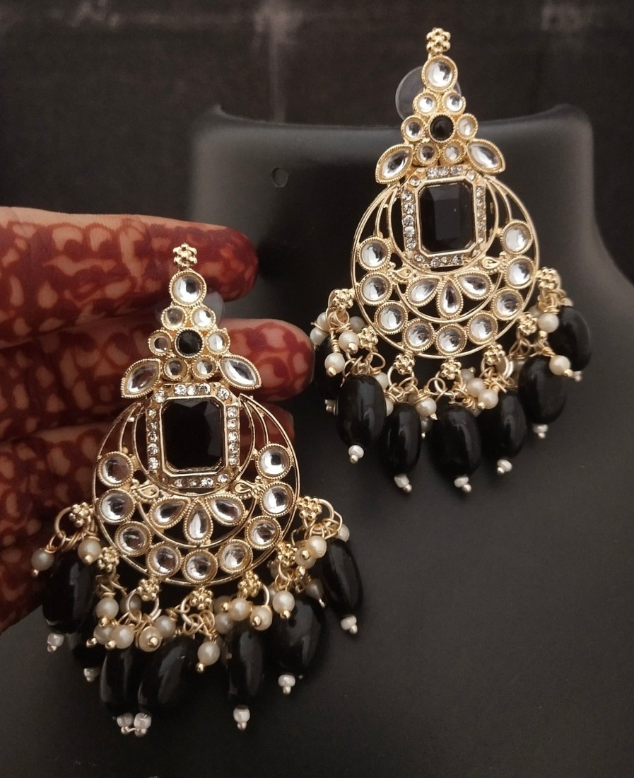 Jewellery EVY | Women'S Cz Black Monalisa Stone Pearls Chandbali Earrings Set - Evy