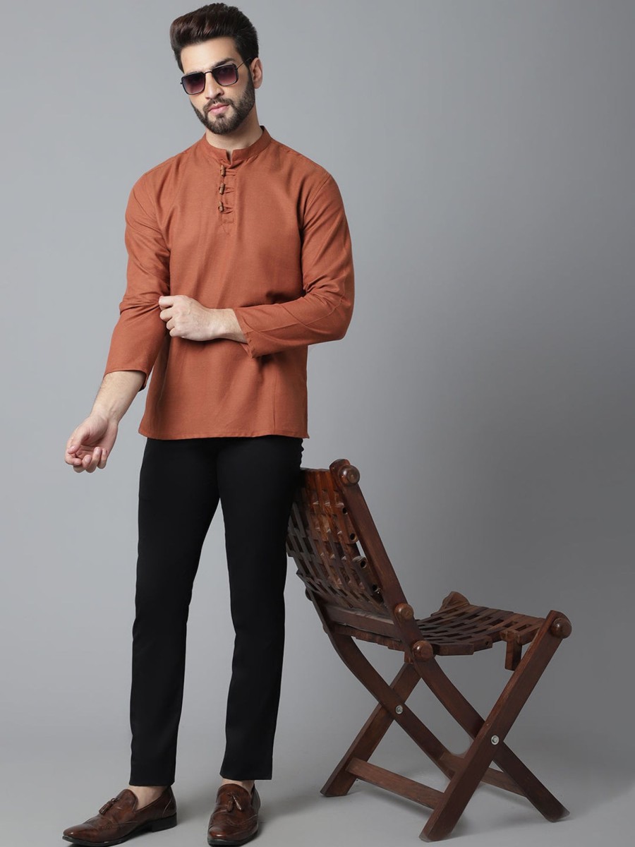 Men Even Apparels | Men'S Rust Pure Cotton Kurta With Band Collar - Even Apparels Brown