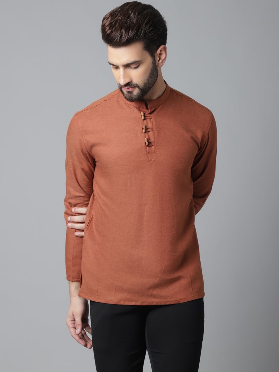 Men Even Apparels | Men'S Rust Pure Cotton Kurta With Band Collar - Even Apparels Brown