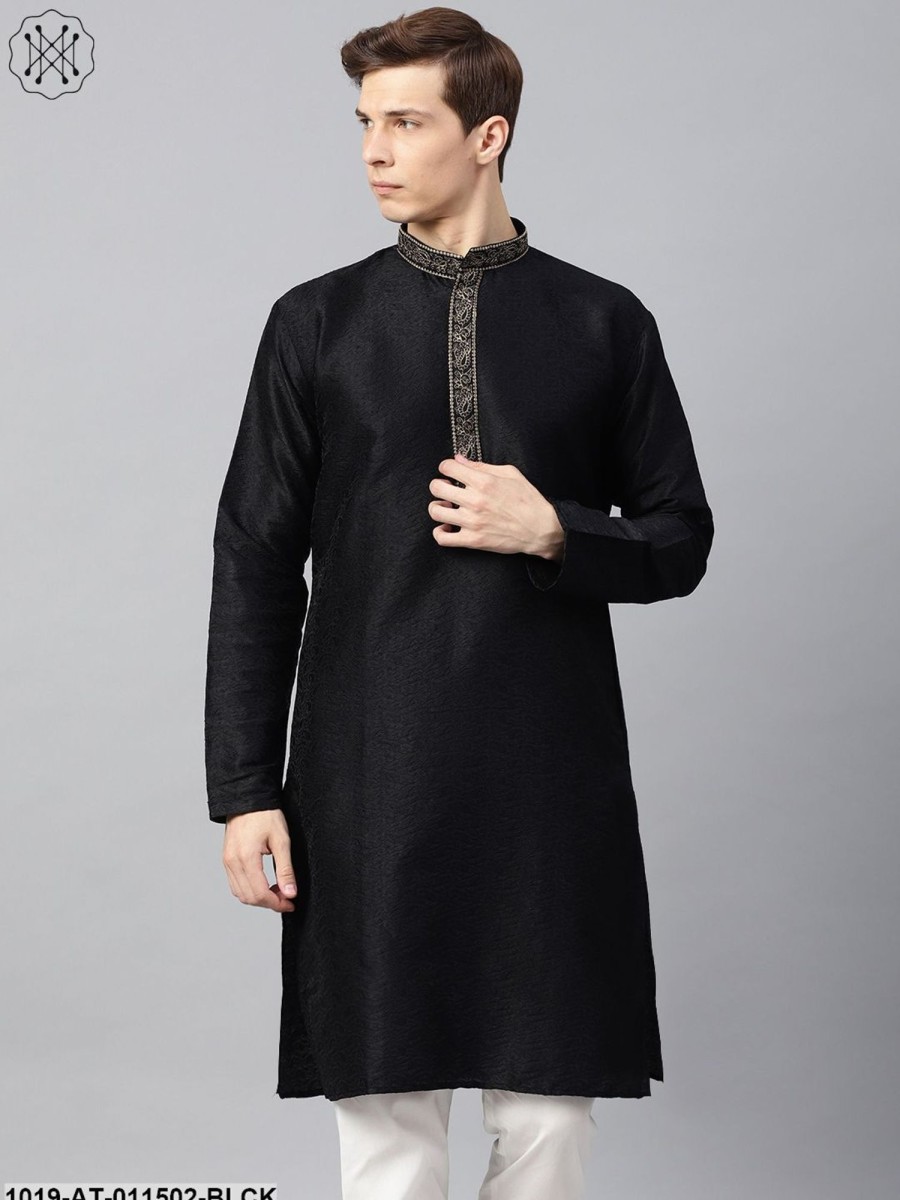 Men Sojanya | Men'S Silk Blend Black Self Design Only Long Kurta - Sojanya