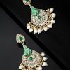 Jewellery Priyaasi | Women'S Gold Plated Floral Pattern Kundan Studded Teardrop Shaped Green Earrings - Priyaasi