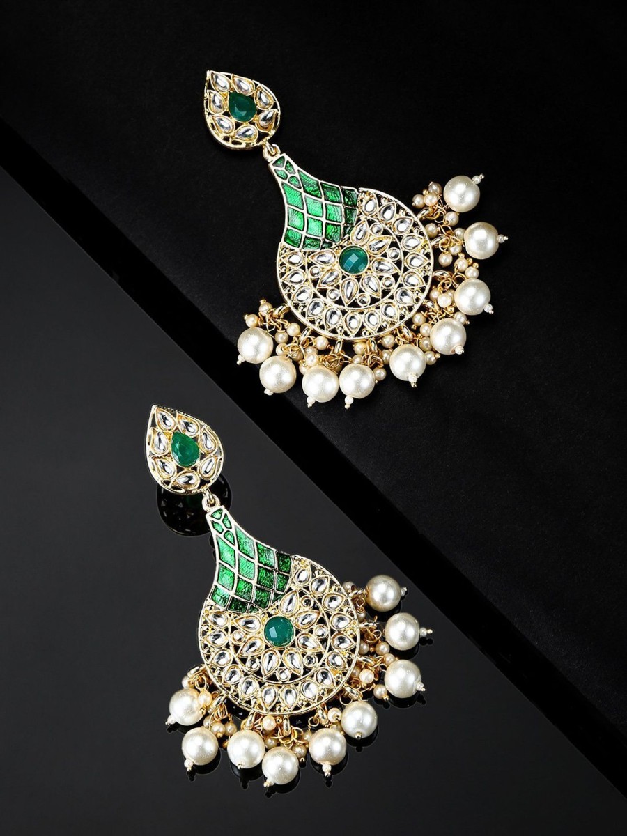 Jewellery Priyaasi | Women'S Gold Plated Floral Pattern Kundan Studded Teardrop Shaped Green Earrings - Priyaasi