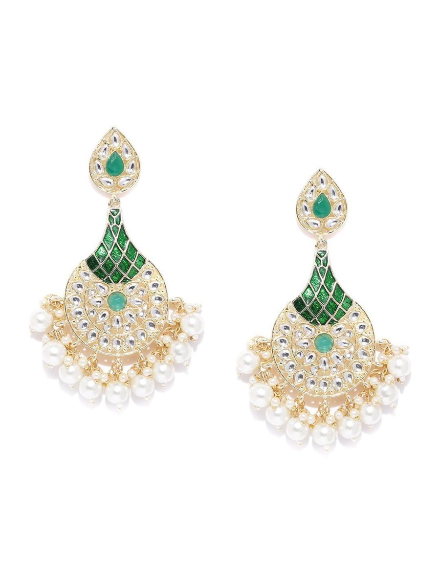 Jewellery Priyaasi | Women'S Gold Plated Floral Pattern Kundan Studded Teardrop Shaped Green Earrings - Priyaasi