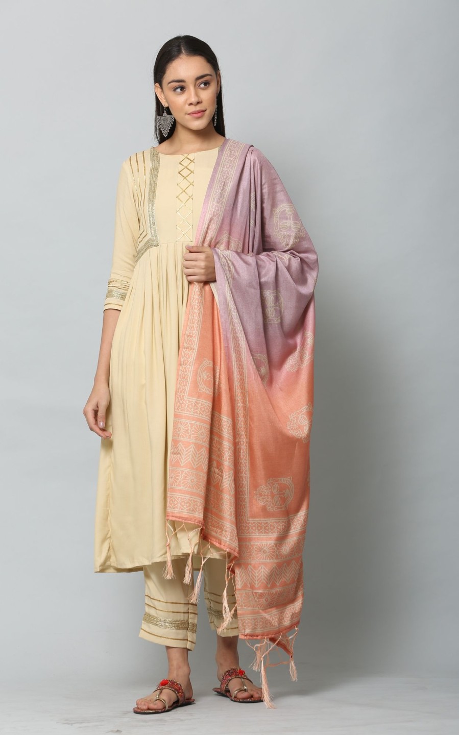 Women VAABA | Women'S Peach Color Art Silk Digital Printed Dupatta - Vaaba