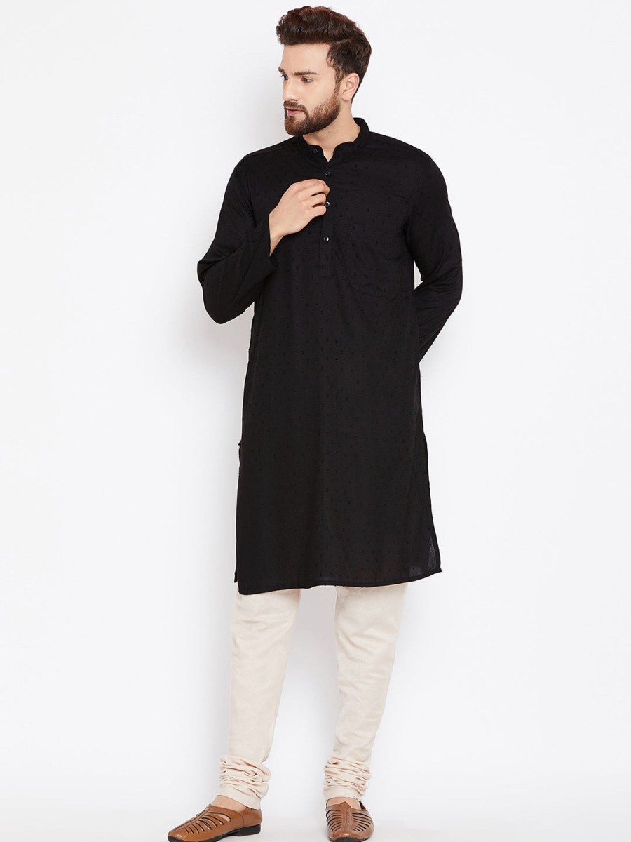 Men Even Apparels | Men'S Pure Cotton Kurta With Band Collar - Even Apparels Black