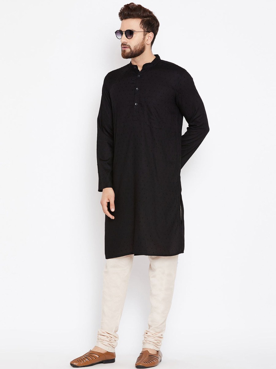 Men Even Apparels | Men'S Pure Cotton Kurta With Band Collar - Even Apparels Black